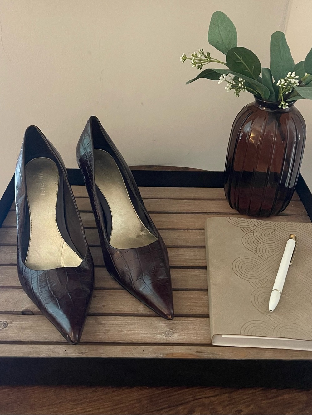 Nine West Croc-Embossed Pointed-Toe Pumps in Dark Brown
